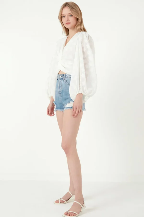 FREE THE ROSES Tops*- Floral Embroidered Twist Long Sleeve Top WHITE