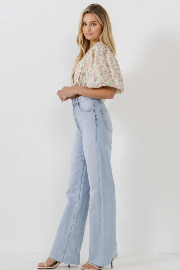 FREE THE ROSES Tops*- Floral Embroidered Blouson Top PINK