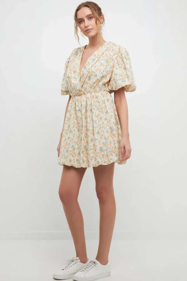 FREE THE ROSES Tops*- Floral Embroidered Bubble Mini Dress YELLOW