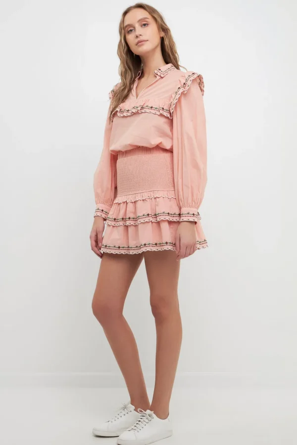 FREE THE ROSES Skirts | Tops*- Floral Embroidered Smocked Mini Skirt DUSTYPINK
