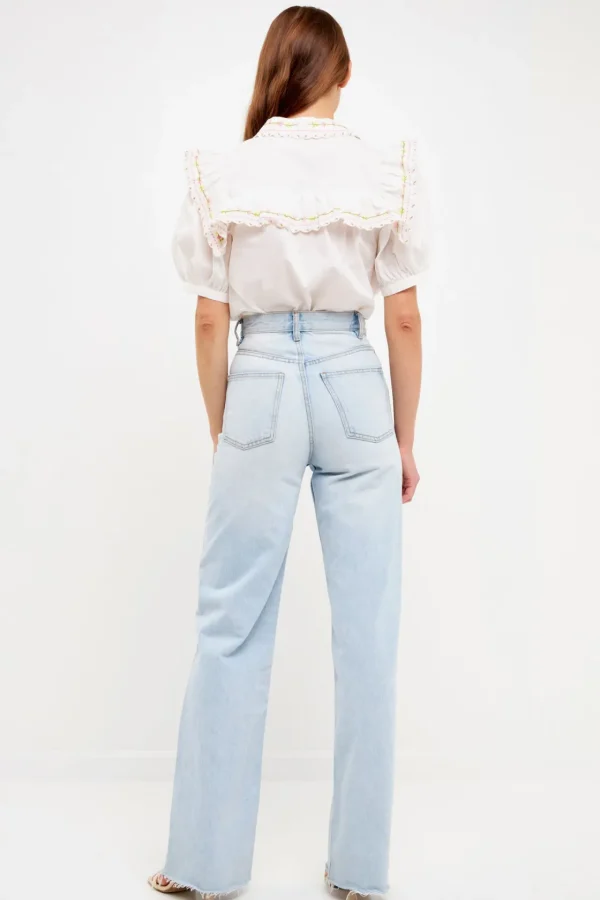 FREE THE ROSES Tops*- Floral Embroiderd Short Sleeve Top OFFWHITE