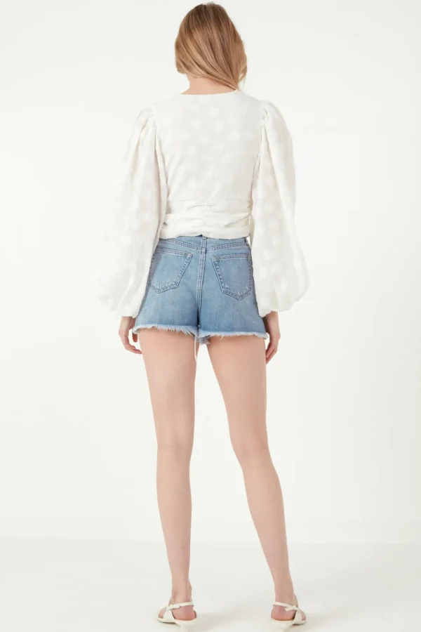 FREE THE ROSES Tops*- Floral Embroidered Twist Long Sleeve Top WHITE