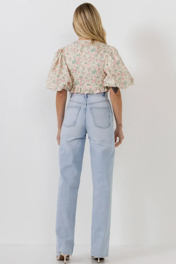 FREE THE ROSES Tops*- Floral Embroidered Blouson Top PINK