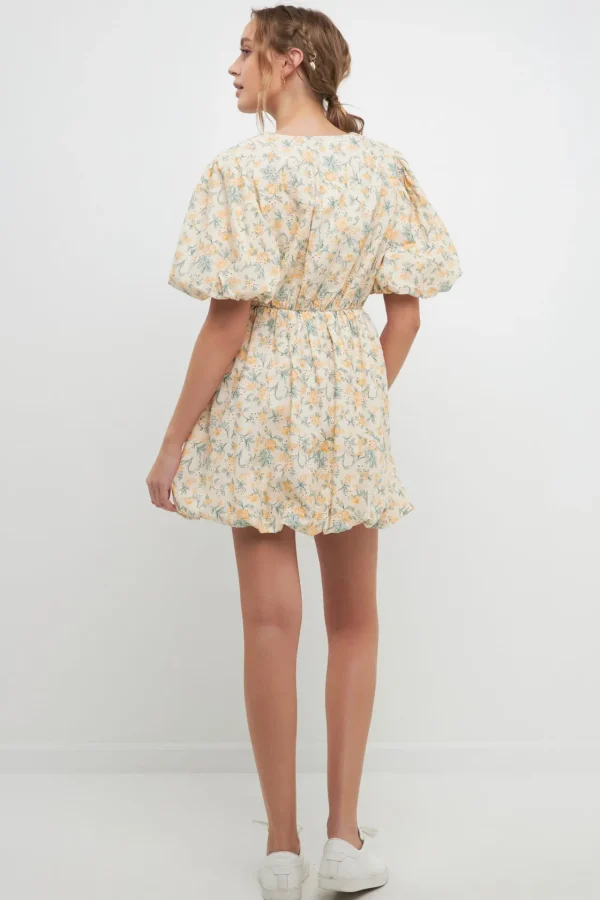 FREE THE ROSES Tops*- Floral Embroidered Bubble Mini Dress YELLOW