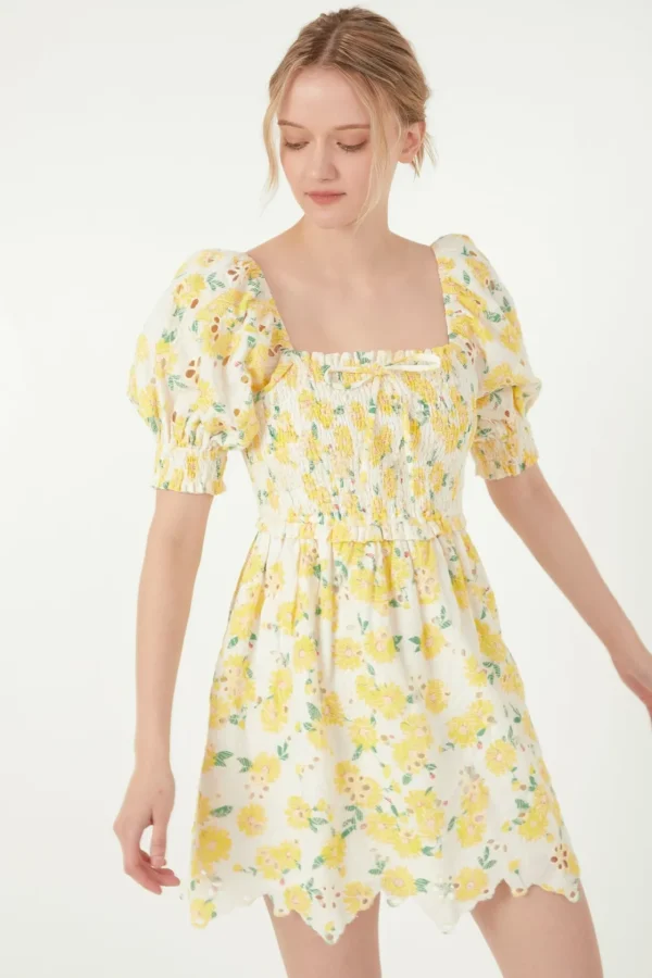 FREE THE ROSES Tops*- Floral Embroidery Mini Dress YELLOWMULTI