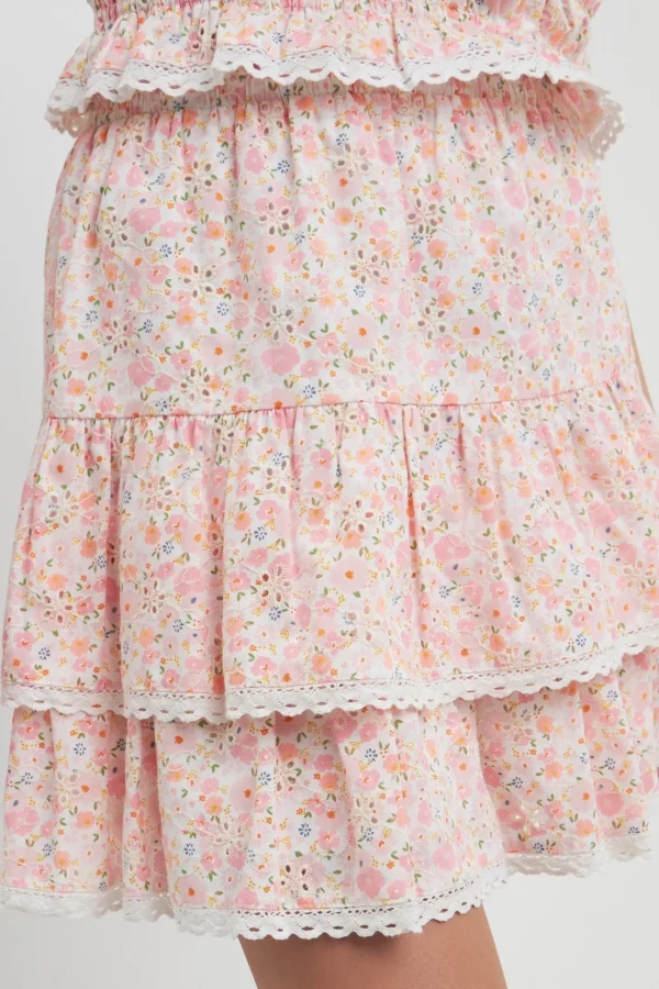 FREE THE ROSES Matching Sets | Skirts*- Floral Eyelet Ruffled Mini Skirt PINKMULTI