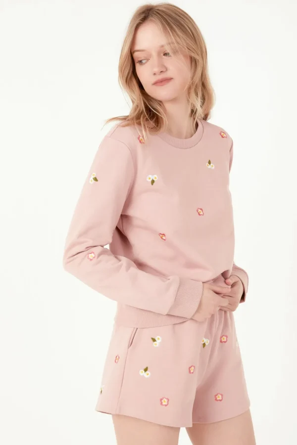 FREE THE ROSES Tops*- Floral Embroidered Sweatshirts PINK