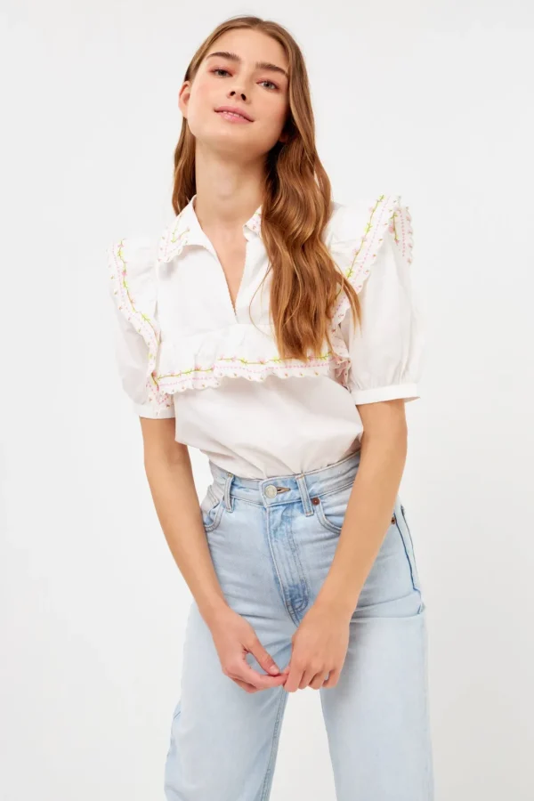 FREE THE ROSES Tops*- Floral Embroiderd Short Sleeve Top OFFWHITE