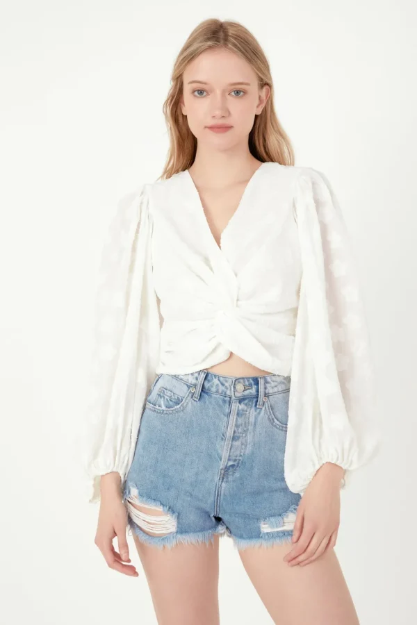 FREE THE ROSES Tops*- Floral Embroidered Twist Long Sleeve Top WHITE