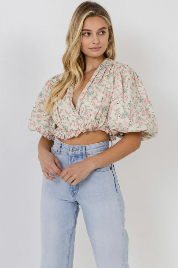 FREE THE ROSES Tops*- Floral Embroidered Blouson Top PINK