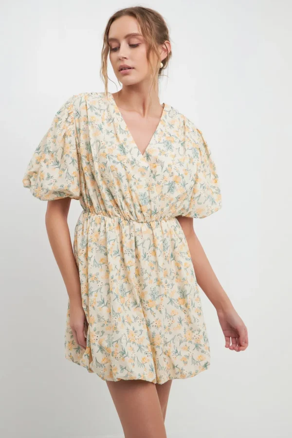 FREE THE ROSES Tops*- Floral Embroidered Bubble Mini Dress YELLOW