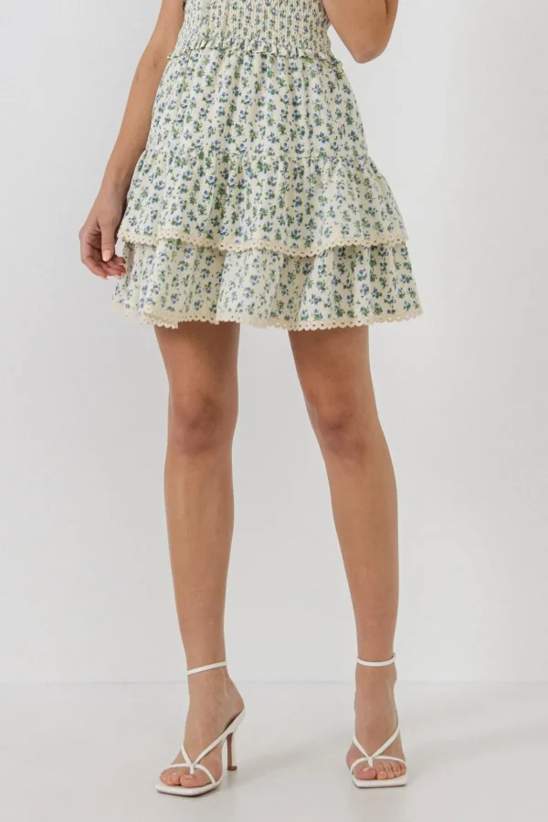 FREE THE ROSES Skirts | Tops*- Floral Lace Trim Detail Mini Skirt IVORY/BLUE