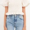 FREE THE ROSES Tops*- Floral Linen Smocked Top with Lace Trim IVORY