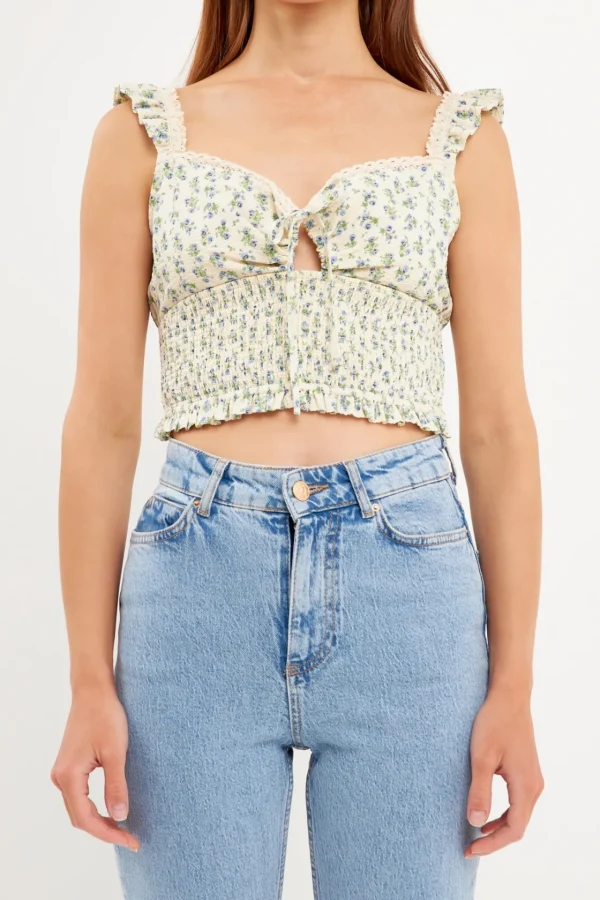 FREE THE ROSES Matching Sets*- Floral Lace Trim Smocked Top IVORY/BLUE