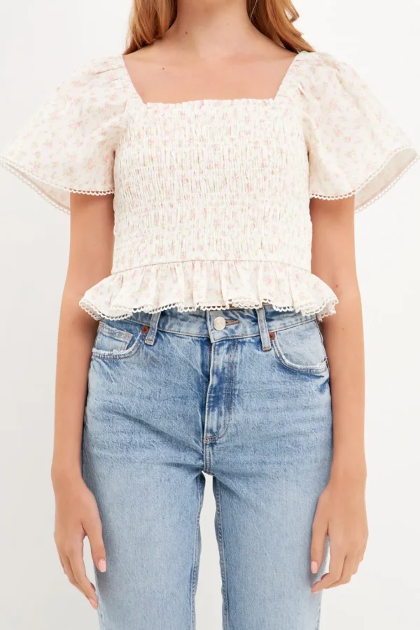 FREE THE ROSES Tops*- Floral Linen Smocked Top with Lace Trim IVORY