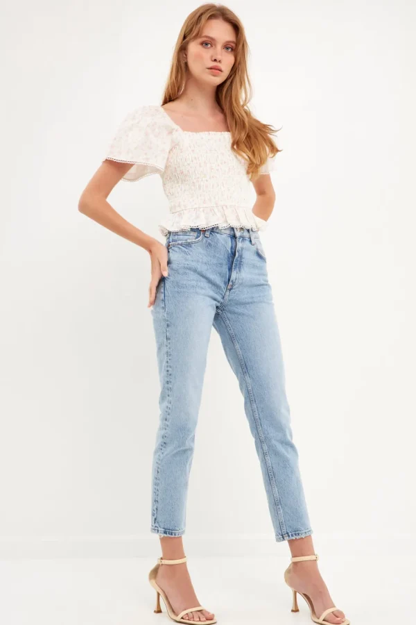 FREE THE ROSES Tops*- Floral Linen Smocked Top with Lace Trim IVORY