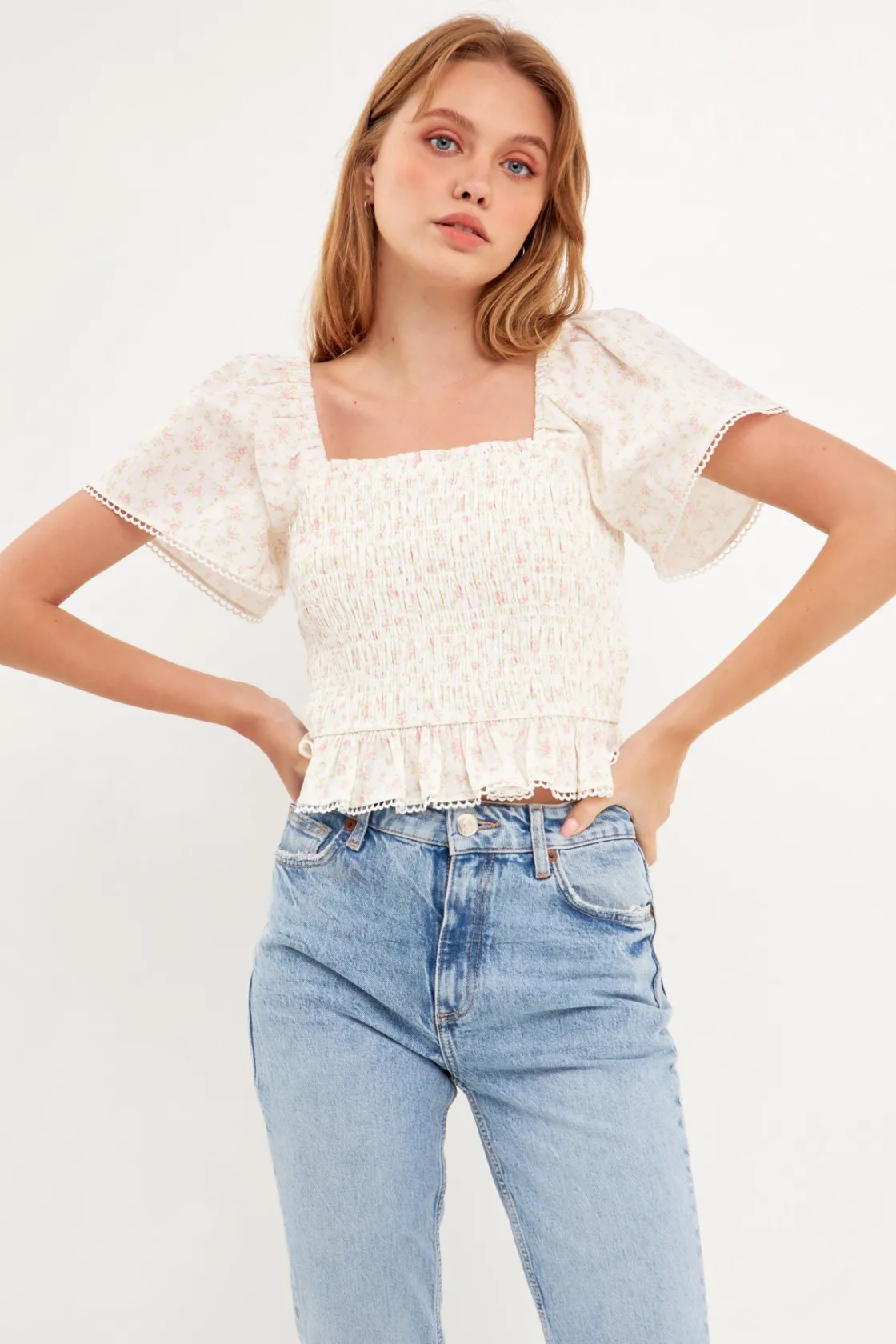 free_the_roses___floral_l_3.webp FREE THE ROSES Tops*- Floral Linen Smocked Top with Lace Trim IVORY