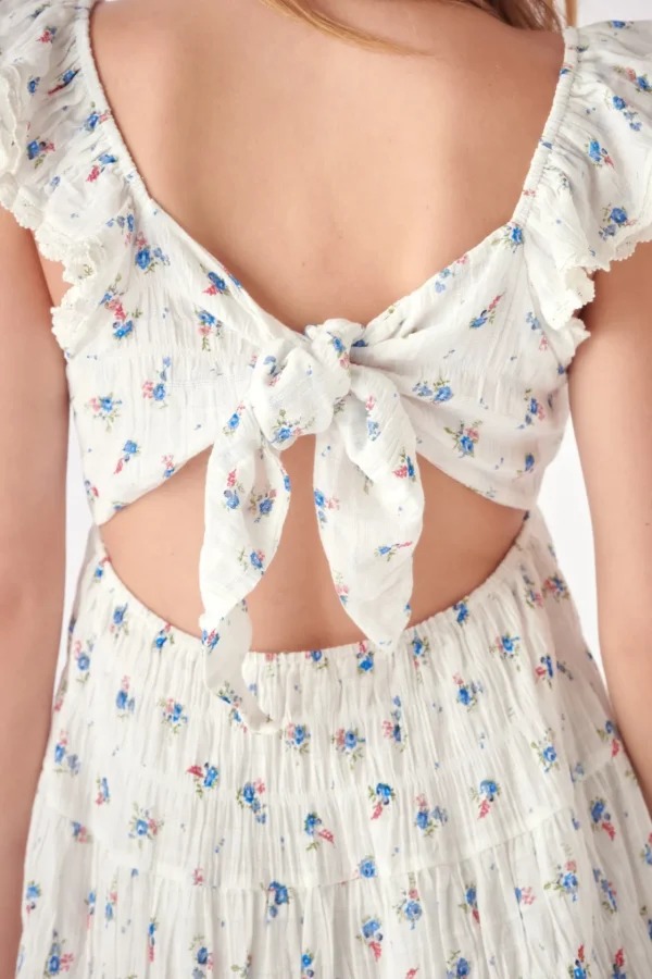 FREE THE ROSES Tops*- Floral Mini Dress with Back Tie Detail WHITEMULTI