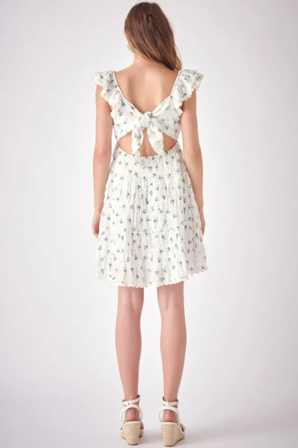 FREE THE ROSES Tops*- Floral Mini Dress with Back Tie Detail WHITEMULTI