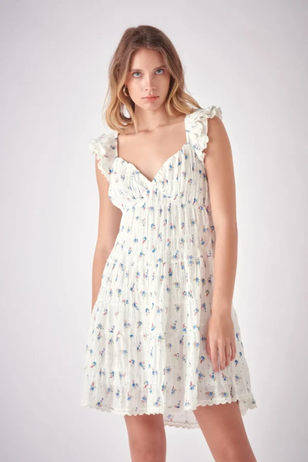FREE THE ROSES Tops*- Floral Mini Dress with Back Tie Detail WHITEMULTI