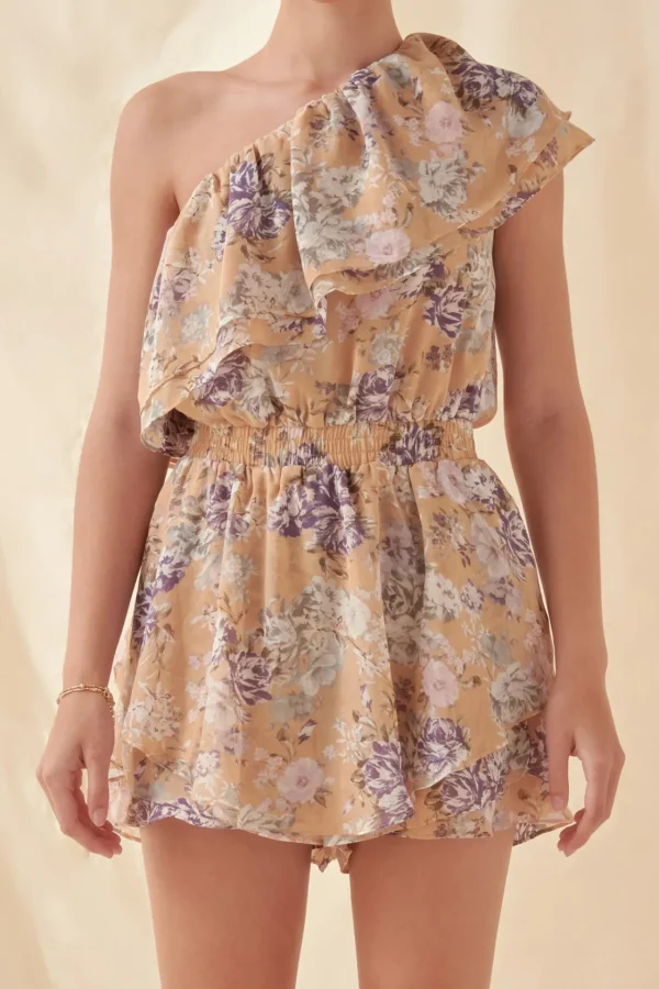 FREE THE ROSES Tops*- Floral One Shoulder Romper PEACH