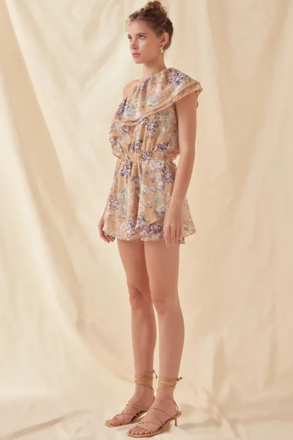 FREE THE ROSES Tops*- Floral One Shoulder Romper PEACH