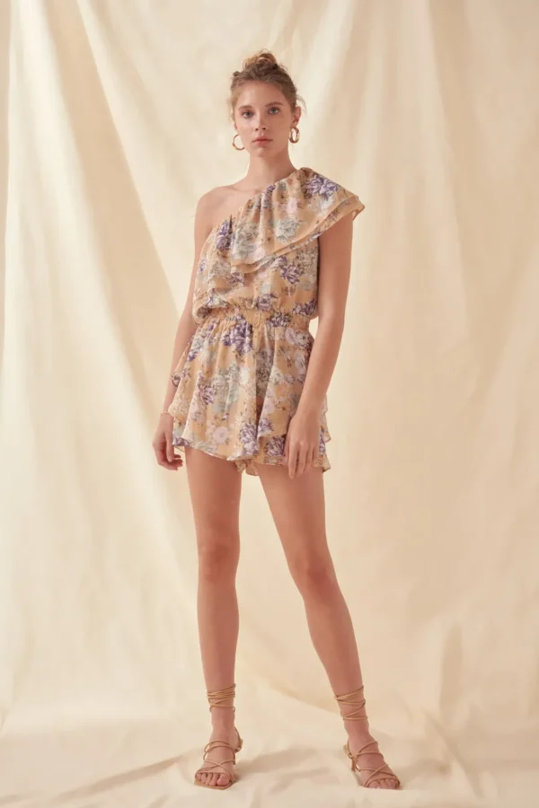 FREE THE ROSES Tops*- Floral One Shoulder Romper PEACH