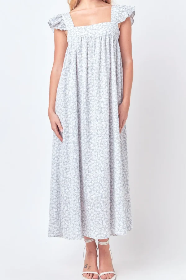 FREE THE ROSES Tops*- Floral Print with Embroidery Maxi Dress BLUE/WHITE