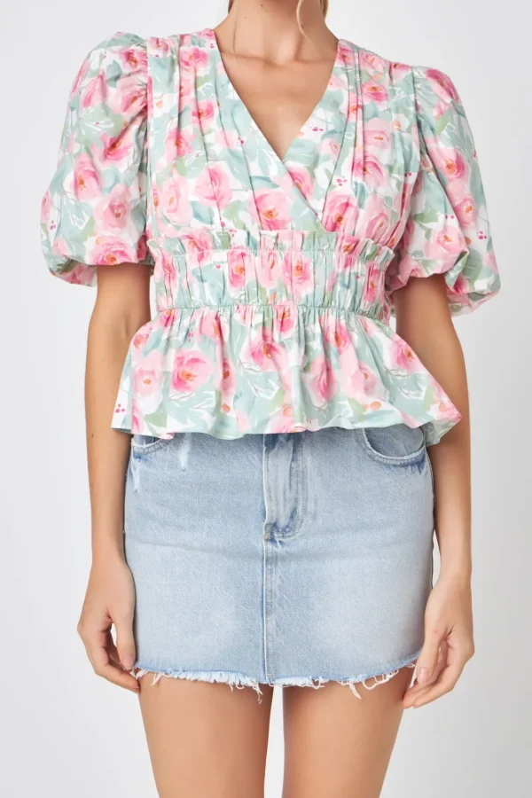 FREE THE ROSES Tops*- Floral Puff Sleeve Top PINKMULTI