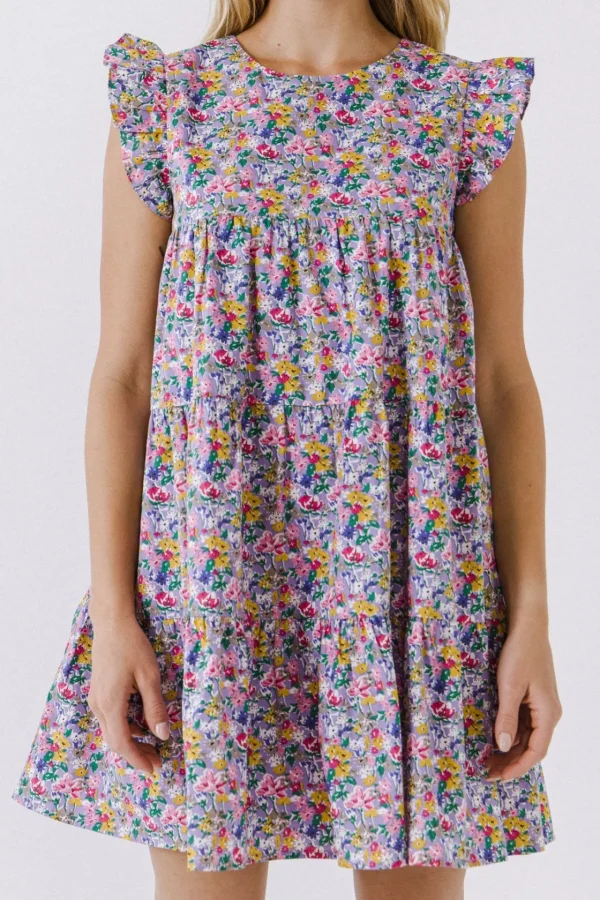 FREE THE ROSES Tops*- Floral Print Babydoll Dress LILAC