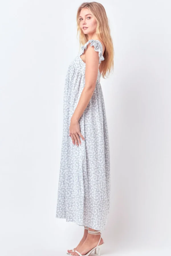 FREE THE ROSES Tops*- Floral Print with Embroidery Maxi Dress BLUE/WHITE