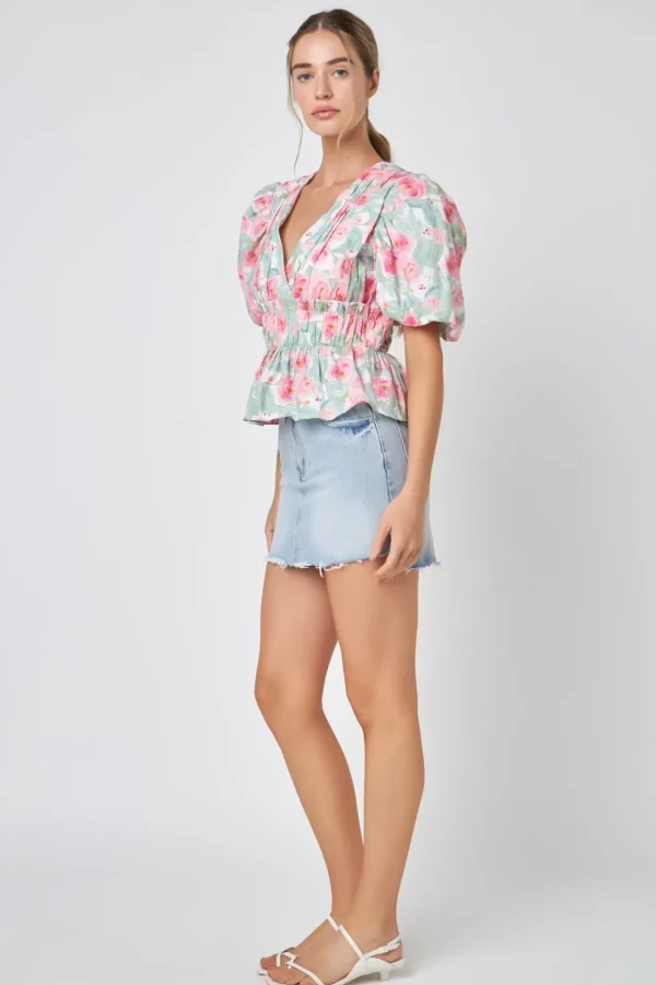 FREE THE ROSES Tops*- Floral Puff Sleeve Top PINKMULTI
