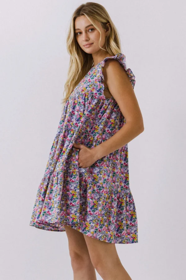 FREE THE ROSES Tops*- Floral Print Babydoll Dress LILAC