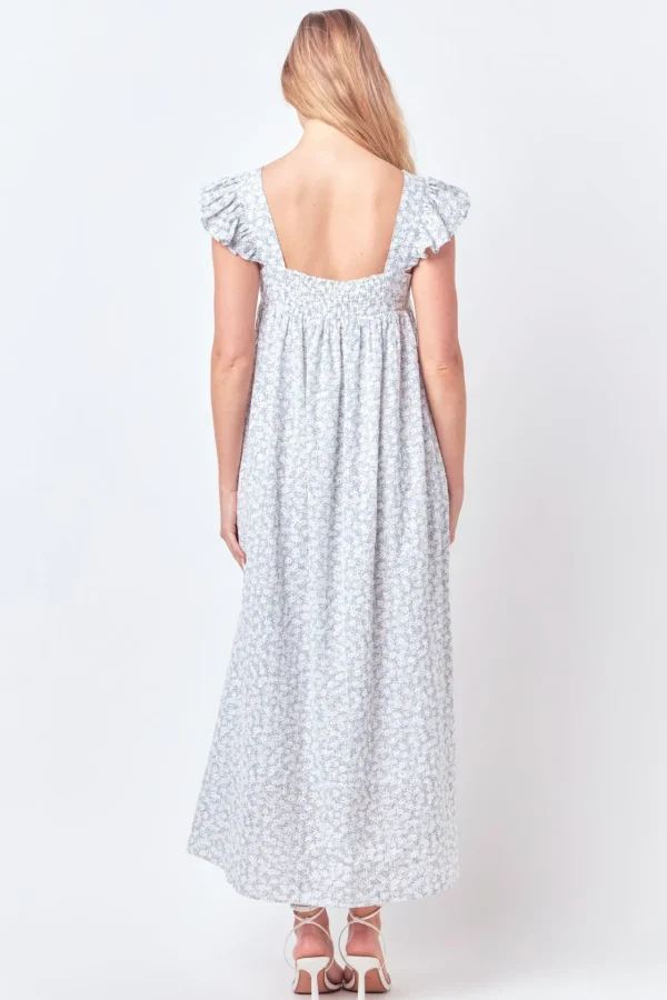 FREE THE ROSES Tops*- Floral Print with Embroidery Maxi Dress BLUE/WHITE