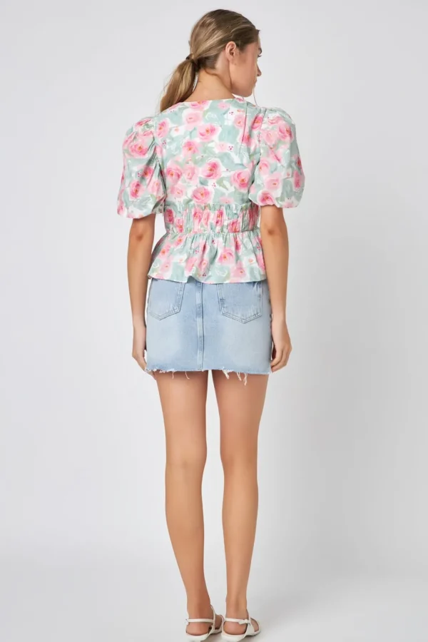 FREE THE ROSES Tops*- Floral Puff Sleeve Top PINKMULTI