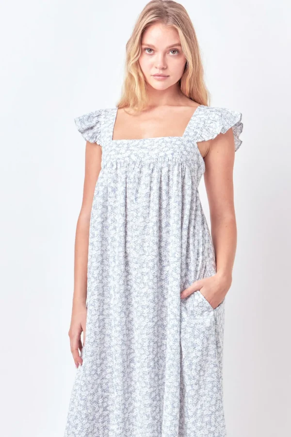FREE THE ROSES Tops*- Floral Print with Embroidery Maxi Dress BLUE/WHITE
