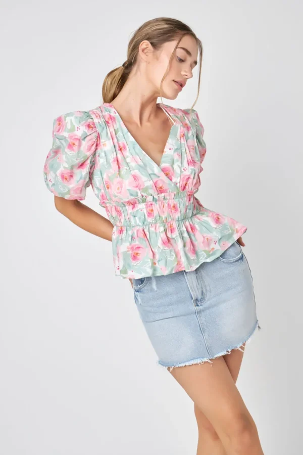 FREE THE ROSES Tops*- Floral Puff Sleeve Top PINKMULTI