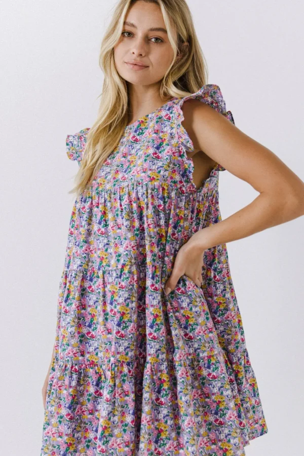 FREE THE ROSES Tops*- Floral Print Babydoll Dress LILAC