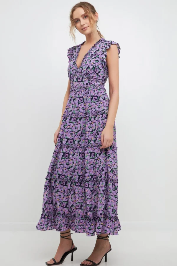 FREE THE ROSES Floral Dresses | Tops*- Floral Ruffle Detail Long Dress PURPLEMULTI