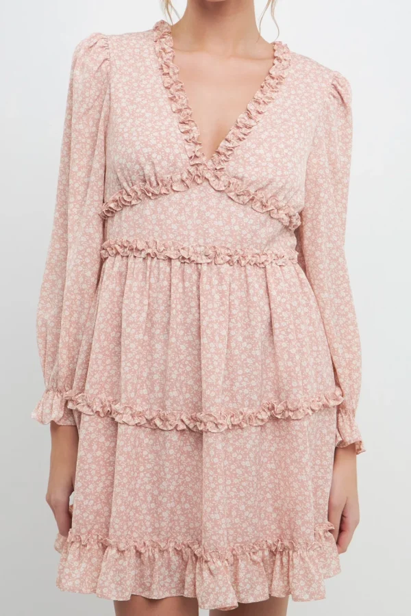 FREE THE ROSES Tops*- Floral Ruffle Detail Mini Dress PINKMULTI