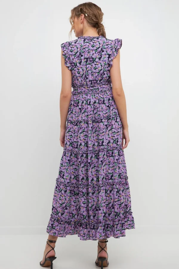 FREE THE ROSES Floral Dresses | Tops*- Floral Ruffle Detail Long Dress PURPLEMULTI