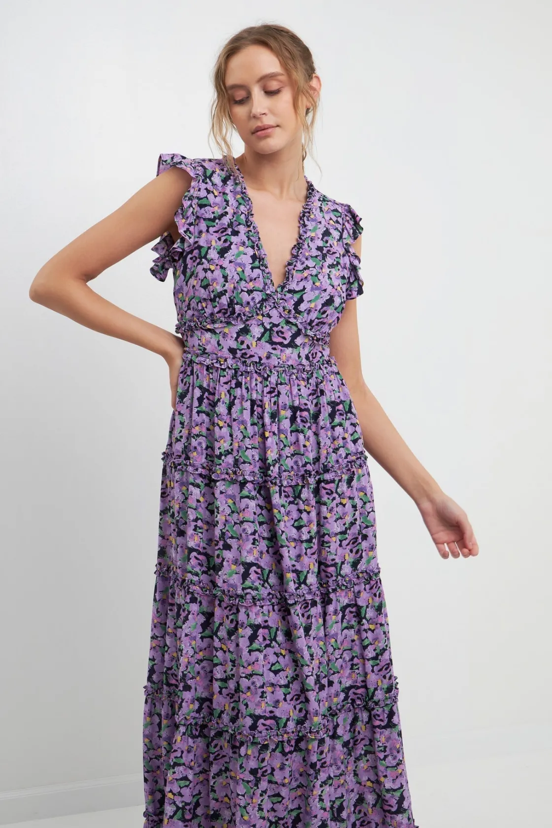 free_the_roses___floral_r_2-2.webp FREE THE ROSES Floral Dresses | Tops*- Floral Ruffle Detail Long Dress PURPLEMULTI
