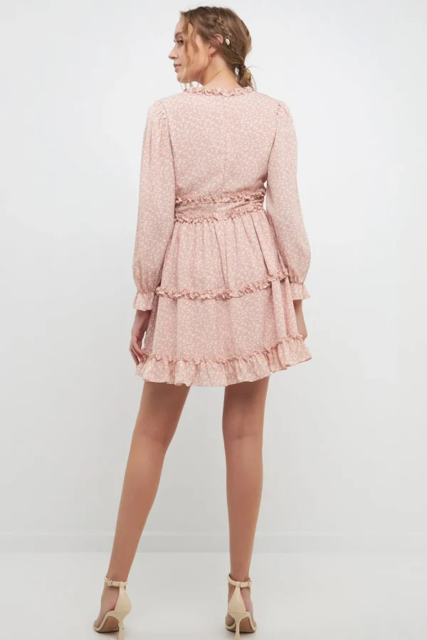 FREE THE ROSES Tops*- Floral Ruffle Detail Mini Dress PINKMULTI