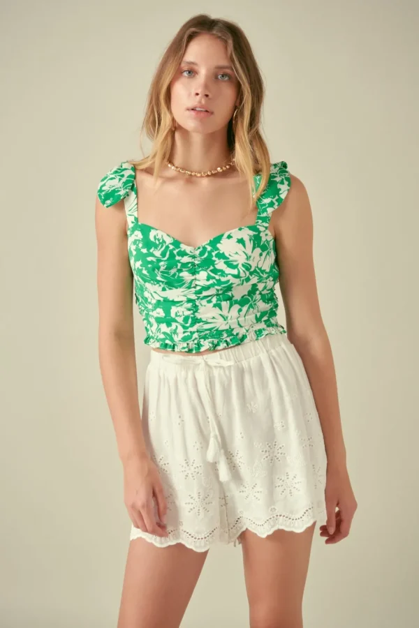 FREE THE ROSES Tops*- Floral Ruched Bow Tie Top GREEN