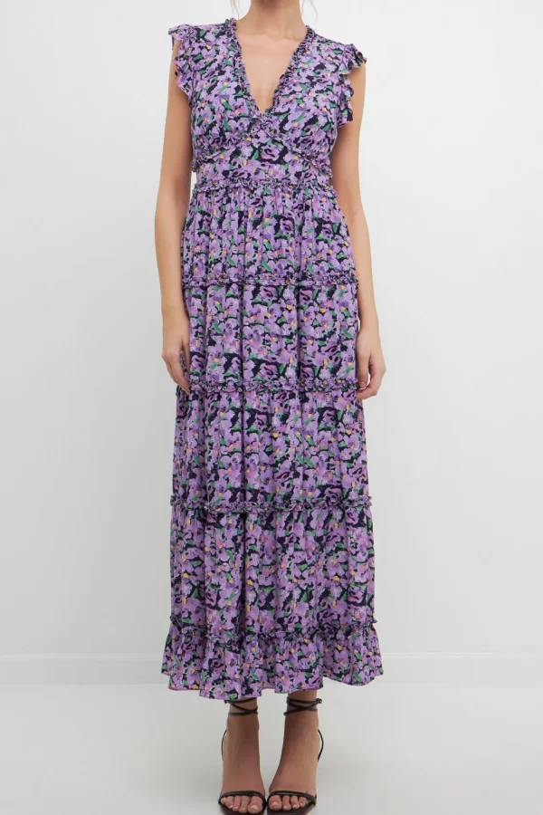FREE THE ROSES Floral Dresses | Tops*- Floral Ruffle Detail Long Dress PURPLEMULTI