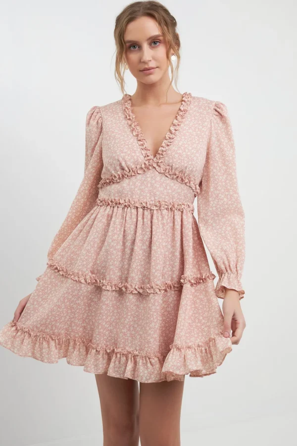 FREE THE ROSES Tops*- Floral Ruffle Detail Mini Dress PINKMULTI