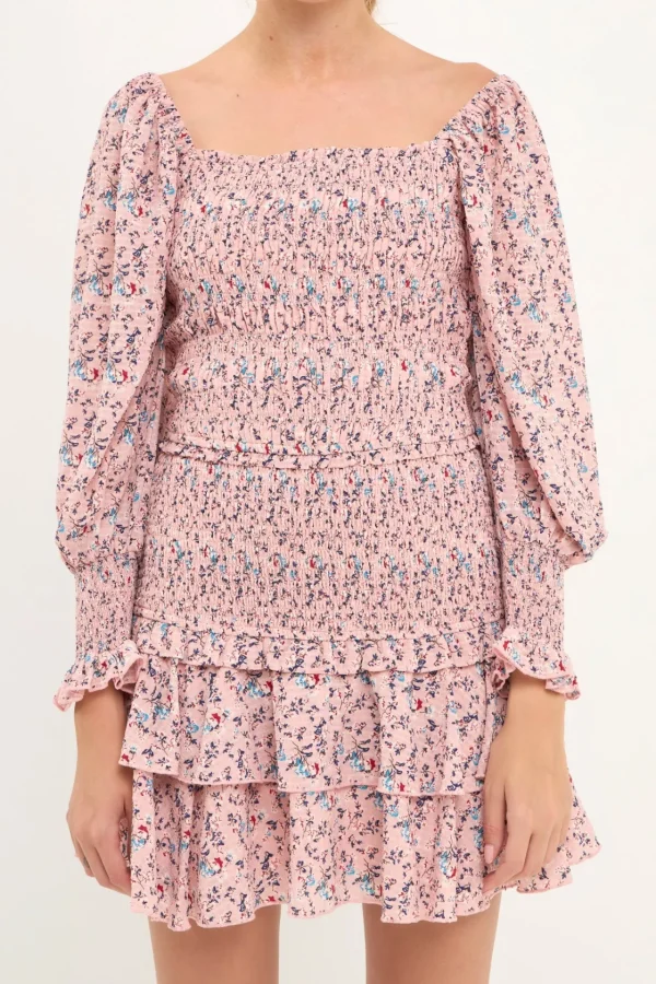 FREE THE ROSES Tops*- Floral Smocked Long Sleeve Top PINK
