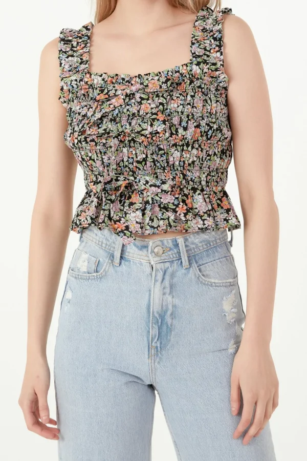FREE THE ROSES Tops*- Floral Smocked Top BLACKMULTI