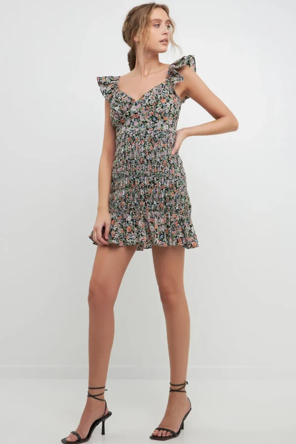 FREE THE ROSES Print Takeaway | Floral Dresses*- Floral Smocked Mini Dress BLACKMULTI