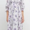 FREE THE ROSES White Dresses | Puff Sleeve*- Floral Smocked Midi Dress WHITE/PURPLE